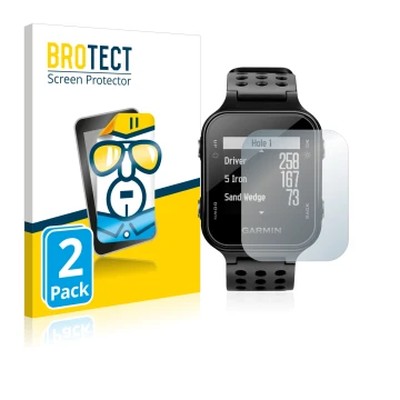 Parte frontal de un envase de producto con el logotipo de la marca BROTECT. Al lado se muestra el dispositivo Garmin Approach 