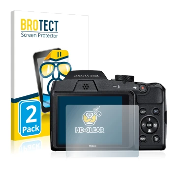 Parte frontal de un envase de producto con el logotipo de la marca BROTECT. Al lado se muestra el dispositivo Nikon Coolpix B5