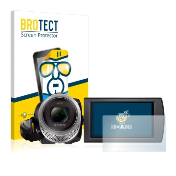 Parte frontal de un envase de producto con el logotipo de la marca BROTECT. Al lado se muestra el dispositivo Sony FDR-AX53 co