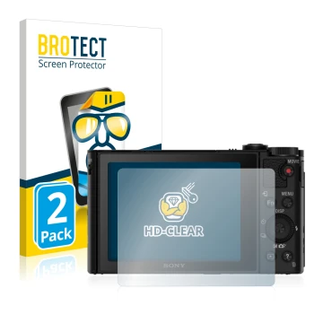 Parte frontal de un envase de producto con el logotipo de la marca BROTECT. Al lado se muestra el dispositivo Sony Cyber-Shot 