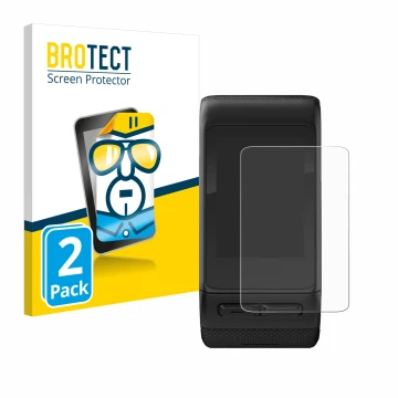 Parte frontal de un envase de producto con el logotipo de la marca BROTECT. Al lado se muestra el dispositivo Garmin vivoactiv