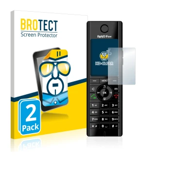 Parte frontal de un envase de producto con el logotipo de la marca BROTECT. Al lado se muestra el dispositivo AVM Fritz!Fon C5