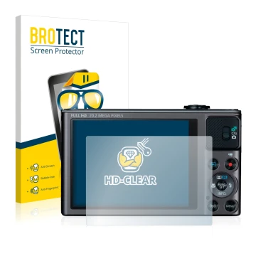 Parte frontal de un envase de producto con el logotipo de la marca BROTECT. Al lado se muestra el dispositivo Canon PowerShot 