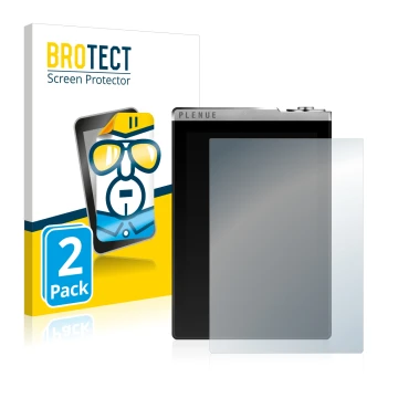 Parte frontal de un envase de producto con el logotipo de la marca BROTECT. Al lado se muestra el dispositivo Cowon Plenue D c