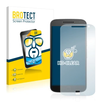 Parte frontal de un envase de producto con el logotipo de la marca BROTECT. Al lado se muestra el dispositivo Motorola Moto G4