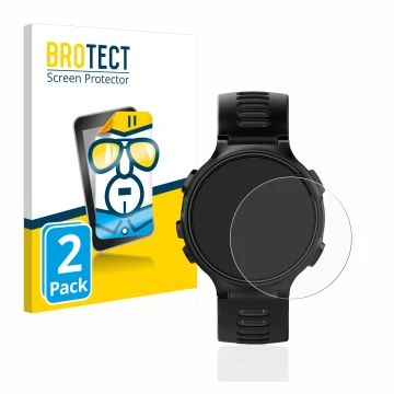 Parte frontal de un envase de producto con el logotipo de la marca BROTECT. Al lado se muestra el dispositivo Garmin Forerunne