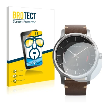 Parte frontal de un envase de producto con el logotipo de la marca BROTECT. Al lado se muestra el dispositivo Garmin vivomove 