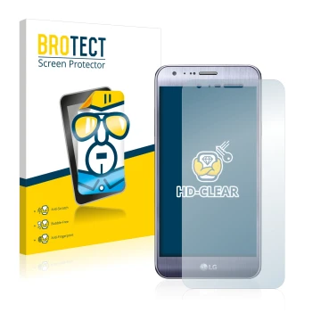 Parte frontal de un envase de producto con el logotipo de la marca BROTECT. Al lado se muestra el dispositivo LG X Mach con su