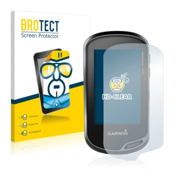 Parte frontal de un envase de producto con el logotipo de la marca BROTECT. Al lado se muestra el dispositivo Garmin Oregon 75