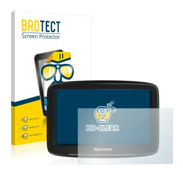 Parte frontal de un envase de producto con el logotipo de la marca BROTECT. Al lado se muestra el dispositivo TomTom Start 52 