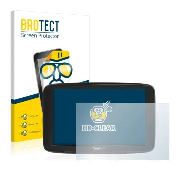 Parte frontal de un envase de producto con el logotipo de la marca BROTECT. Al lado se muestra el dispositivo TomTom Start 62 