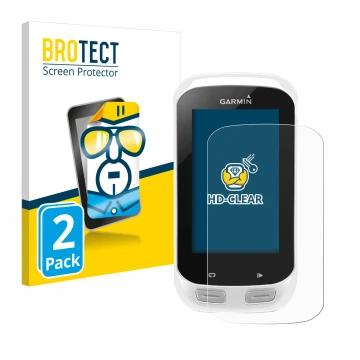 Parte frontal de un envase de producto con el logotipo de la marca BROTECT. Al lado se muestra el dispositivo Garmin Edge Expl