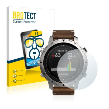 Parte frontal de un envase de producto con el logotipo de la marca BROTECT. Al lado se muestra el dispositivo Garmin Fenix Chr