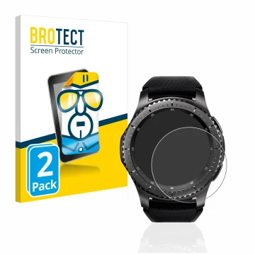 Parte frontal de un envase de producto con el logotipo de la marca BROTECT. Al lado se muestra el dispositivo Samsung Gear S3 