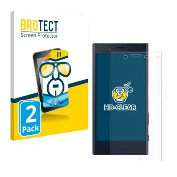 Parte frontal de un envase de producto con el logotipo de la marca BROTECT. Al lado se muestra el dispositivo Sony Xperia X Co