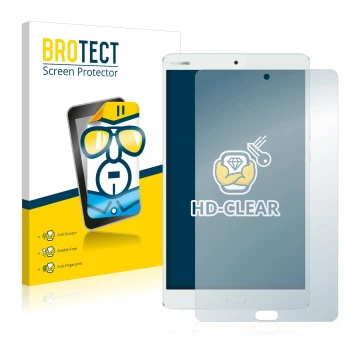 Parte frontal de un envase de producto con el logotipo de la marca BROTECT. Al lado se muestra el dispositivo Huawei MediaPad 