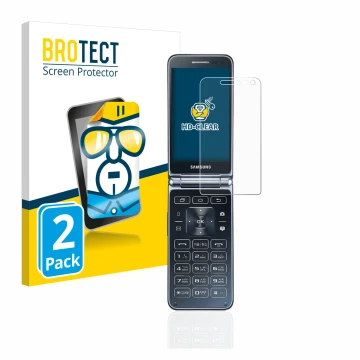 Parte frontal de un envase de producto con el logotipo de la marca BROTECT. Al lado se muestra el dispositivo Samsung Galaxy F