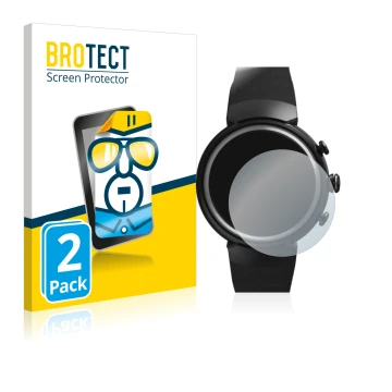 Parte frontal de un envase de producto con el logotipo de la marca BROTECT. Al lado se muestra el dispositivo ASUS ZenWatch 3 