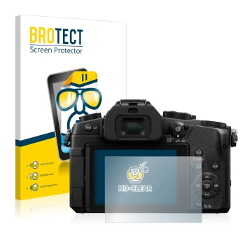 Parte frontal de un envase de producto con el logotipo de la marca BROTECT. Al lado se muestra el dispositivo Panasonic Lumix 