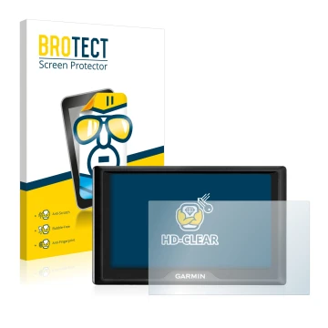 Parte frontal de un envase de producto con el logotipo de la marca BROTECT. Al lado se muestra el dispositivo Garmin Drive 50 