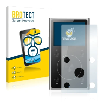 Parte frontal de un envase de producto con el logotipo de la marca BROTECT. Al lado se muestra el dispositivo FiiO X1 II con s