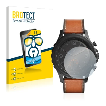 Parte frontal de un envase de producto con el logotipo de la marca BROTECT. Al lado se muestra el dispositivo Fossil Q Nate co