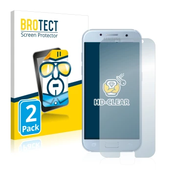 Parte frontal de un envase de producto con el logotipo de la marca BROTECT. Al lado se muestra el dispositivo Samsung Galaxy A