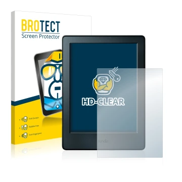 Parte frontal de un envase de producto con el logotipo de la marca BROTECT. Al lado se muestra el dispositivo Amazon Kindle 20