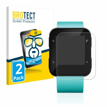 Parte frontal de un envase de producto con el logotipo de la marca BROTECT. Al lado se muestra el dispositivo Garmin Forerunne