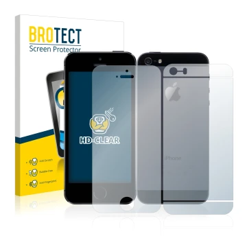Parte frontal de un envase de producto con el logotipo de la marca BROTECT. Al lado se muestra el dispositivo Apple iPhone 5S 