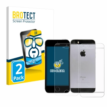 Parte frontal de un envase de producto con el logotipo de la marca BROTECT. Al lado se muestra el dispositivo Apple iPhone SE 