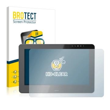 Parte frontal de un envase de producto con el logotipo de la marca BROTECT. Al lado se muestra el dispositivo Wacom Cintiq Pro