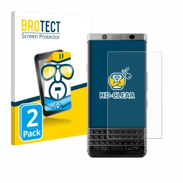 Parte frontal de un envase de producto con el logotipo de la marca BROTECT. Al lado se muestra el dispositivo BlackBerry Keyon