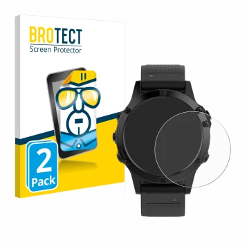 Parte frontal de un envase de producto con el logotipo de la marca BROTECT. Al lado se muestra el dispositivo Garmin Fenix 5 (