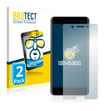 Parte frontal de un envase de producto con el logotipo de la marca BROTECT. Al lado se muestra el dispositivo Nokia 6 2017 con