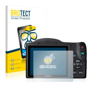 Parte frontal de un envase de producto con el logotipo de la marca BROTECT. Al lado se muestra el dispositivo Canon PowerShot 