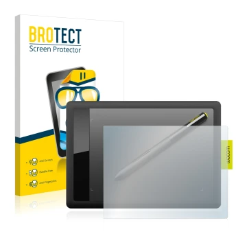 Parte frontal de un envase de producto con el logotipo de la marca BROTECT. Al lado se muestra el dispositivo Wacom One s CTL-