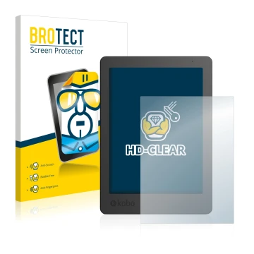 Parte frontal de un envase de producto con el logotipo de la marca BROTECT. Al lado se muestra el dispositivo Kobo Aura Editio