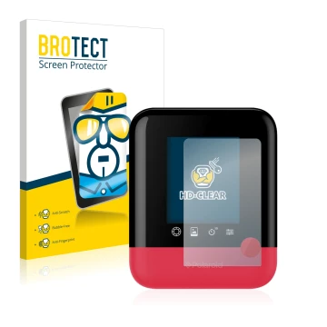 Parte frontal de un envase de producto con el logotipo de la marca BROTECT. Al lado se muestra el dispositivo Polaroid Pop con