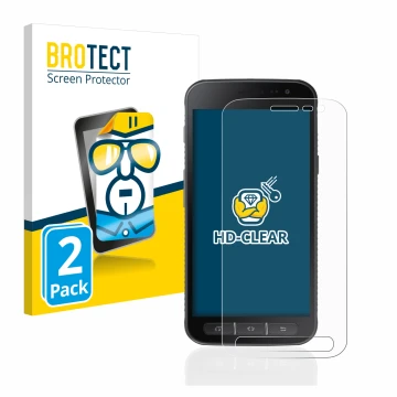 Parte frontal de un envase de producto con el logotipo de la marca BROTECT. Al lado se muestra el dispositivo Samsung Galaxy X