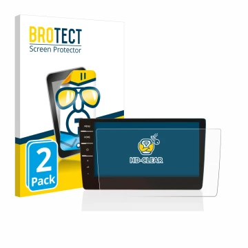 Parte frontal de un envase de producto con el logotipo de la marca BROTECT. Al lado se muestra el dispositivo Volkswagen Golf 