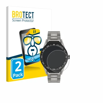Parte frontal de un envase de producto con el logotipo de la marca BROTECT. Al lado se muestra el dispositivo TAG Heuer Connec