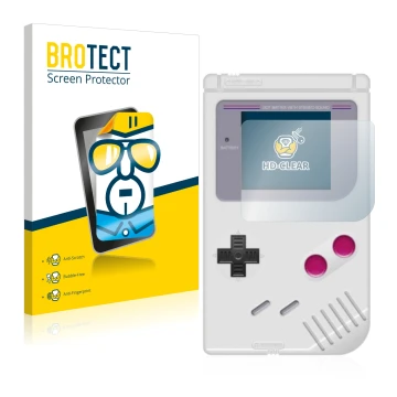 Parte frontal de un envase de producto con el logotipo de la marca BROTECT. Al lado se muestra el dispositivo Nintendo Gameboy