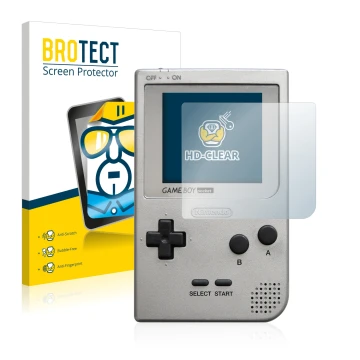 Parte frontal de un envase de producto con el logotipo de la marca BROTECT. Al lado se muestra el dispositivo Nintendo Gameboy