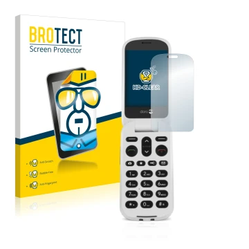 Parte frontal de un envase de producto con el logotipo de la marca BROTECT. Al lado se muestra el dispositivo Doro 6050 con su