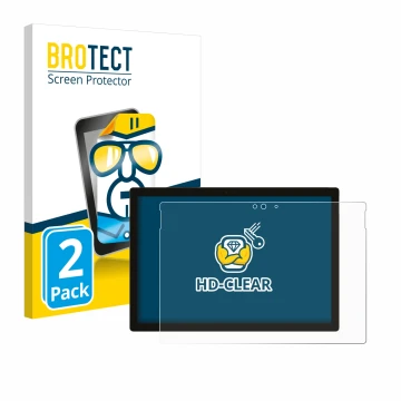 Parte frontal de un envase de producto con el logotipo de la marca BROTECT. Al lado se muestra el dispositivo Microsoft Surfac