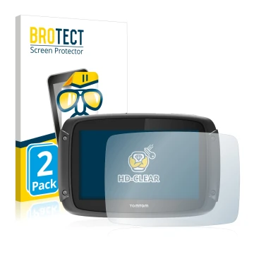 Parte frontal de un envase de producto con el logotipo de la marca BROTECT. Al lado se muestra el dispositivo TomTom Rider 450