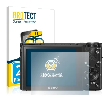 Parte frontal de un envase de producto con el logotipo de la marca BROTECT. Al lado se muestra el dispositivo Sony Cyber-Shot 