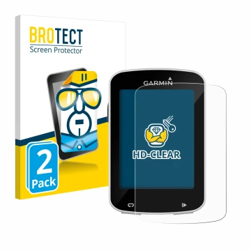 Parte frontal de un envase de producto con el logotipo de la marca BROTECT. Al lado se muestra el dispositivo Garmin Edge Expl
