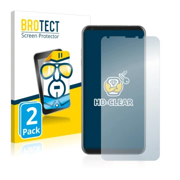 Parte frontal de un envase de producto con el logotipo de la marca BROTECT. Al lado se muestra el dispositivo LG V30 con su pr